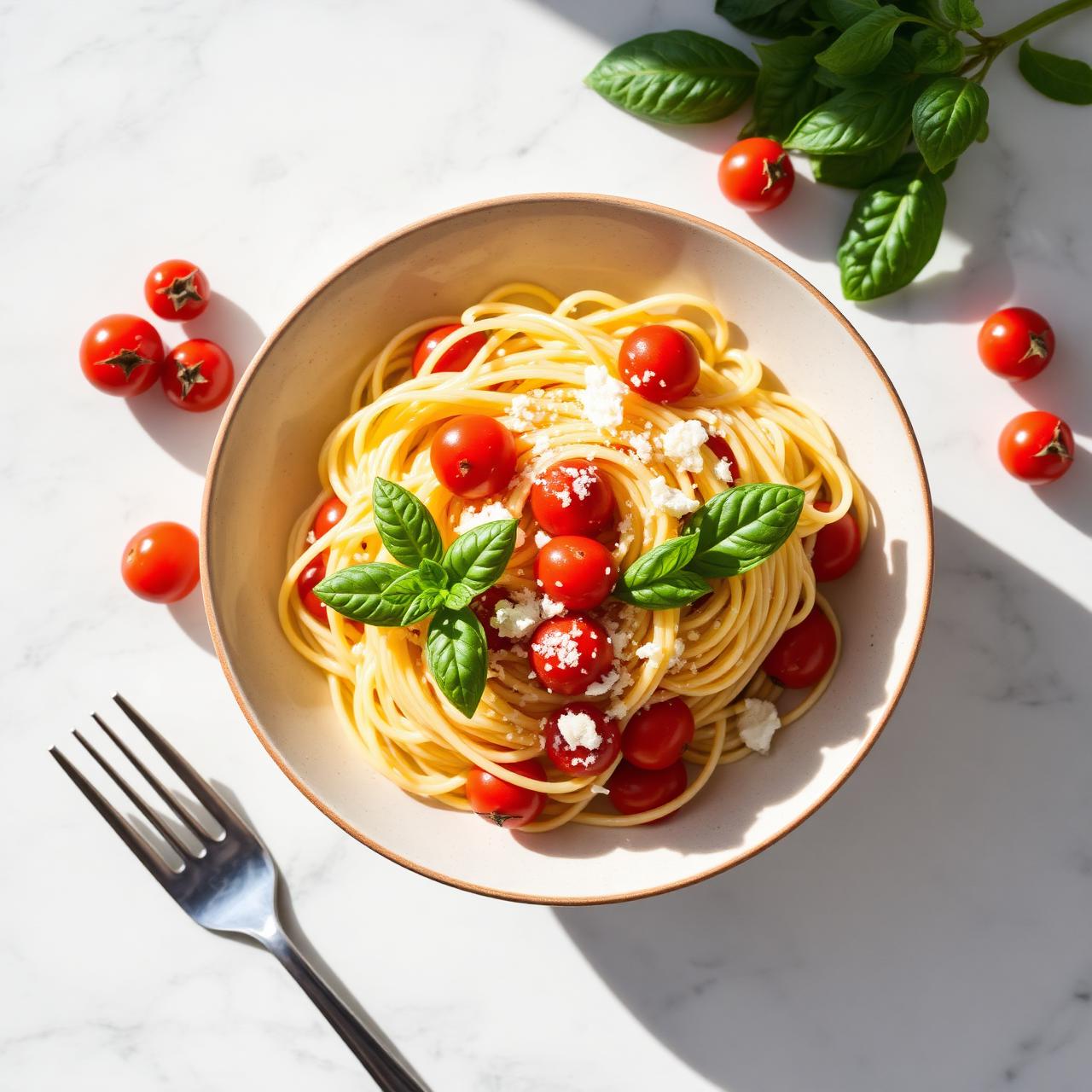 Bowl of fresh pasta with cherry tomatoes and basil